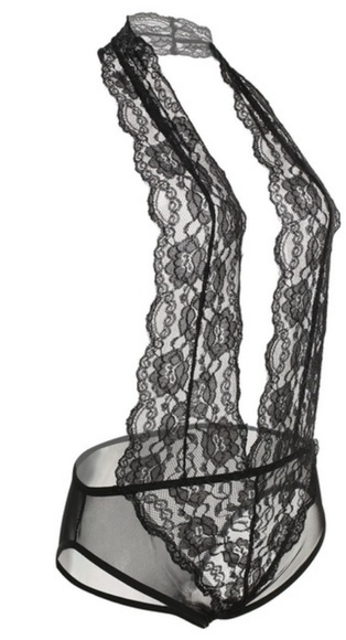 LAST ONE!! Sexy Floral Lace Halter Teddy Black - Picture 2 of 5